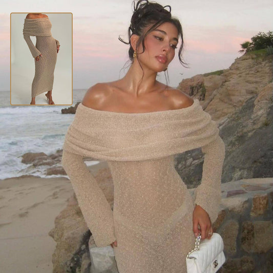One-Shoulder Knitted Long Sleeve Maxi Dress
