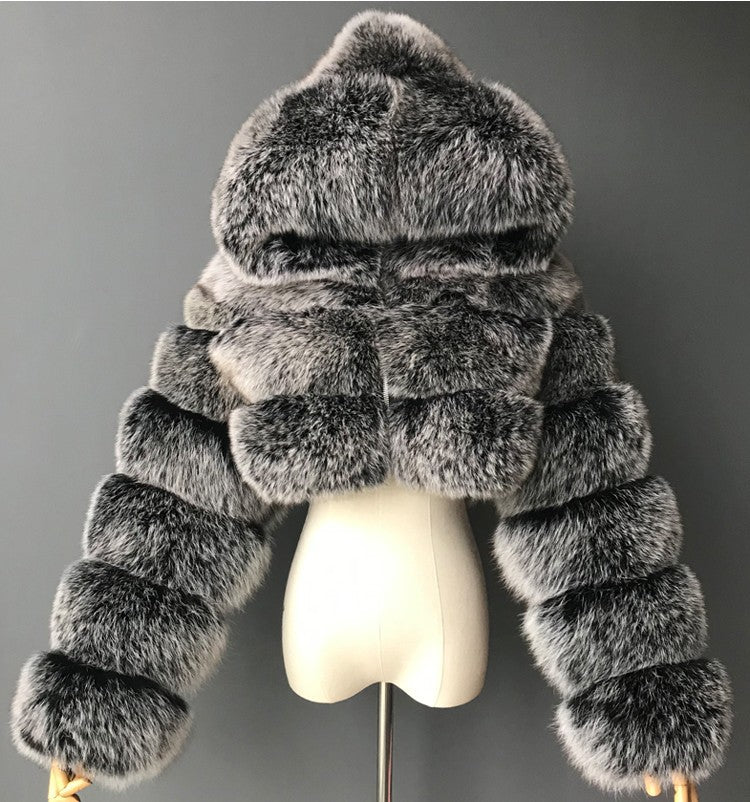 Short Hooded Faux Fur Coat