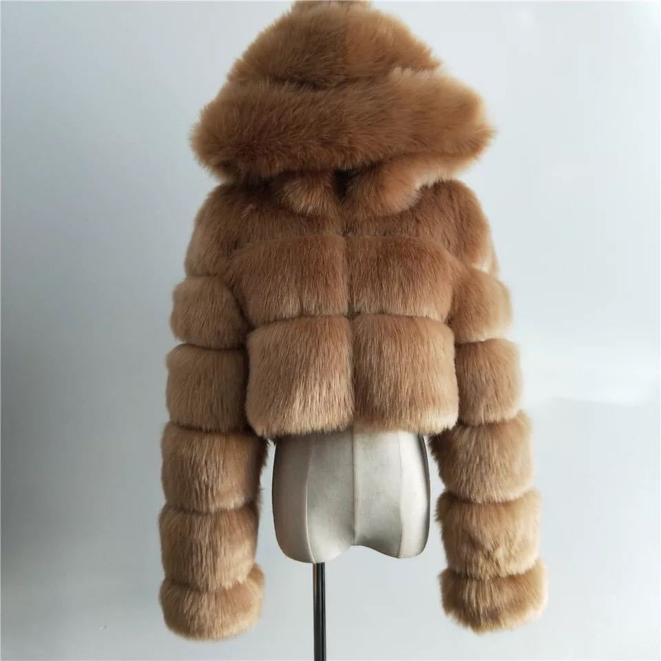 Short Hooded Faux Fur Coat