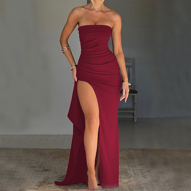 Strapless Pleated Split Maxi Dress