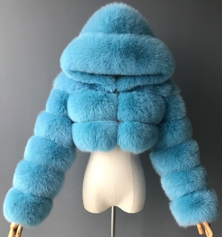 Short Hooded Faux Fur Coat