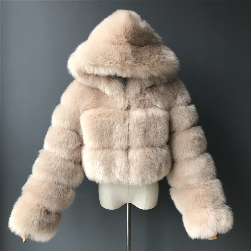 Short Hooded Faux Fur Coat