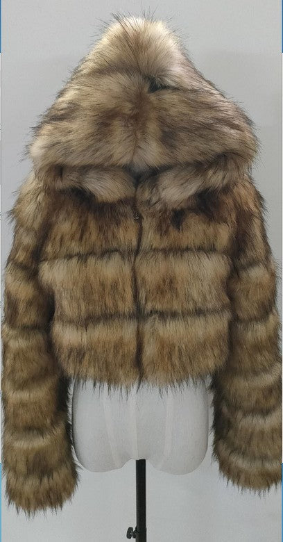 Short Hooded Faux Fur Coat