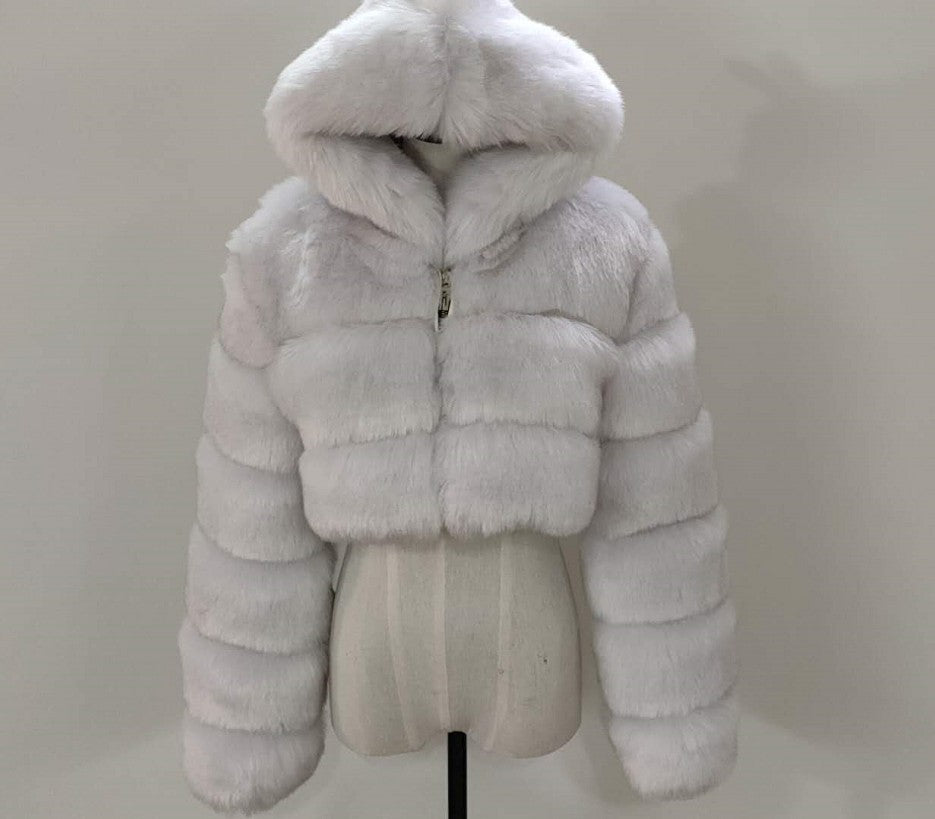 Short Hooded Faux Fur Coat