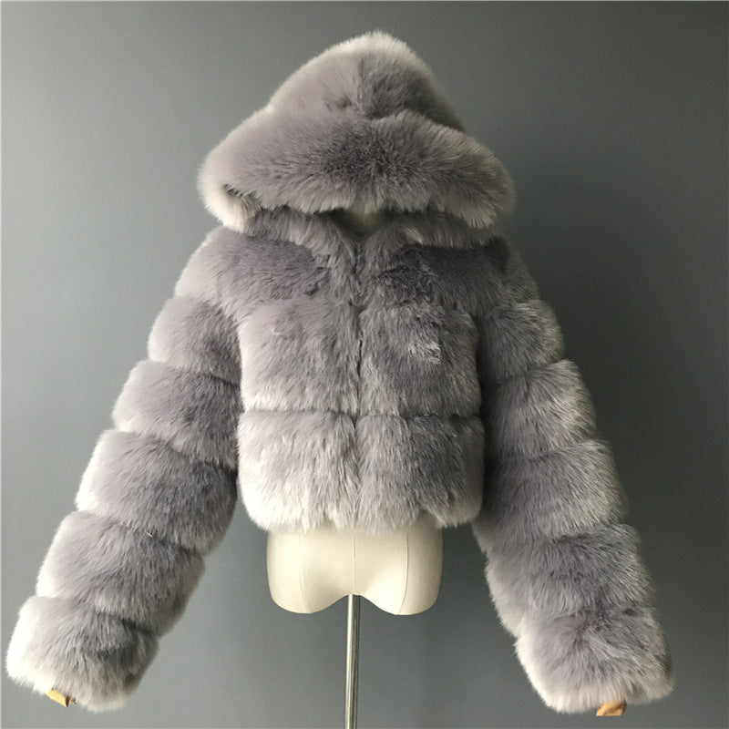 Short Hooded Faux Fur Coat