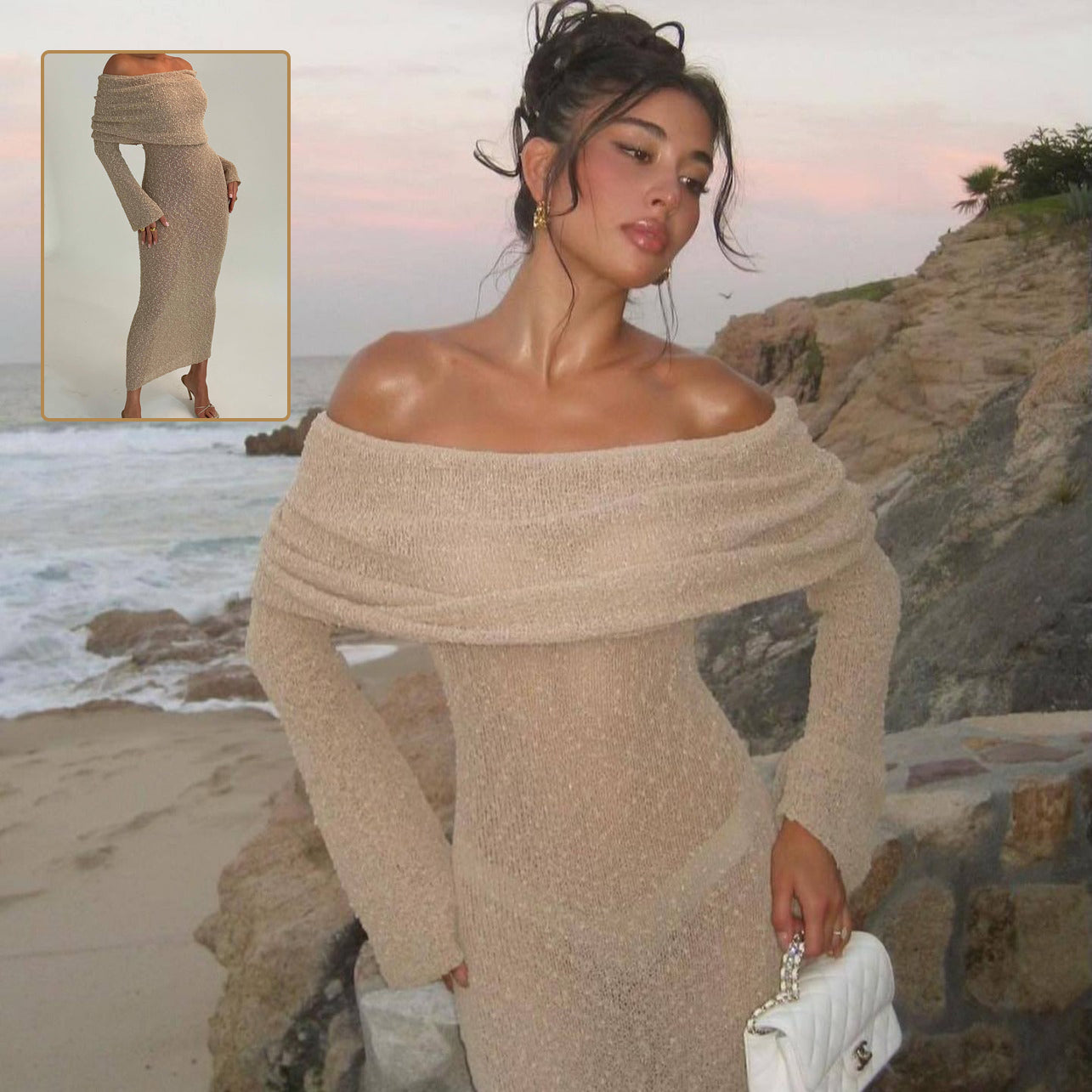 One-Shoulder Knitted Long Sleeve Maxi Dress