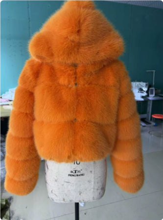 Short Hooded Faux Fur Coat